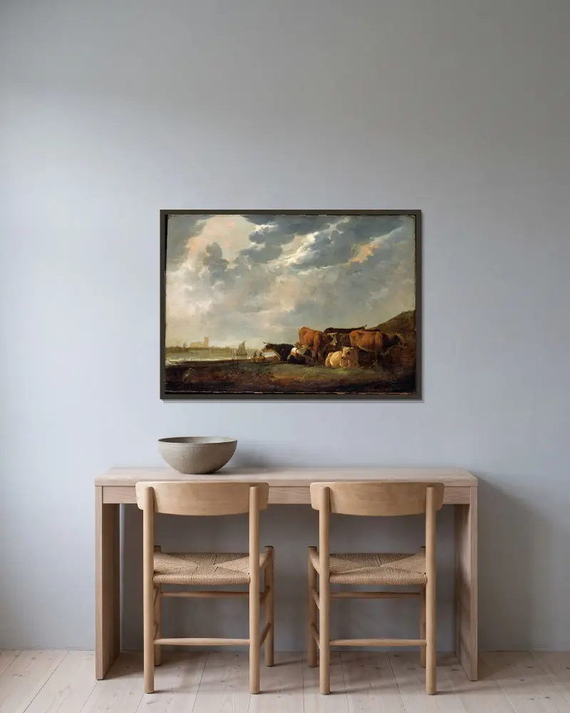Boskap nära Maas, med Dordrecht i fjärran av Aelbert Cuyp inramad på en vägg