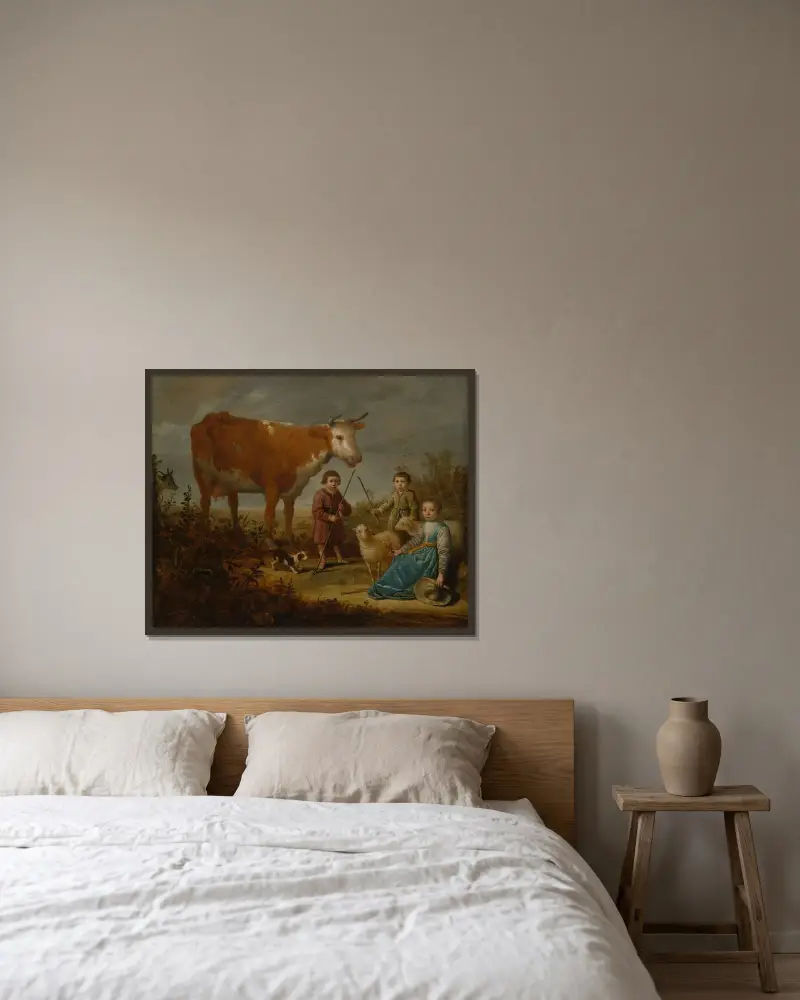 Barn och en ko av Aelbert Cuyp inramad på en vägg
