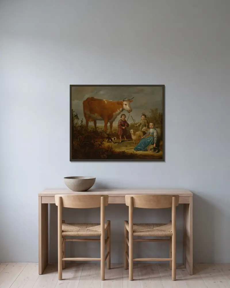 Barn och en ko av Aelbert Cuyp inramad på en vägg