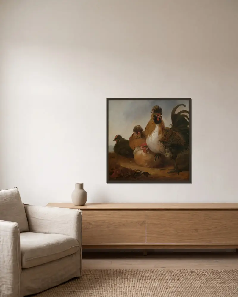 Hahn und Hennen von Aelbert Cuyp gerahmt an einer Wand