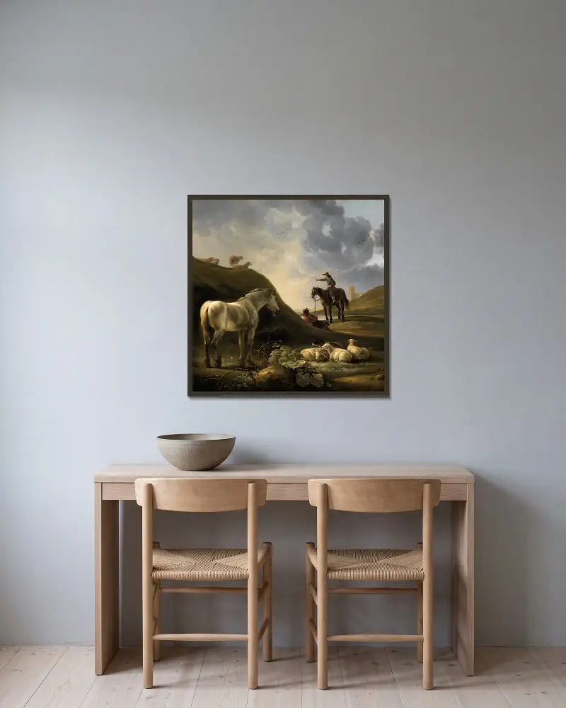Dünenlandschaft mit Grauschimmel von Aelbert Cuyp gerahmt an einer Wand