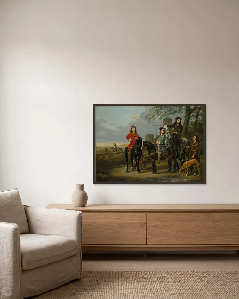Equestrian Portrait of Cornelis (1639–1680) and Michiel Pompe van Meerdervoort (1638–1653) with Their Tutor and Coachman av Aelbert Cuyp inramad på en vägg