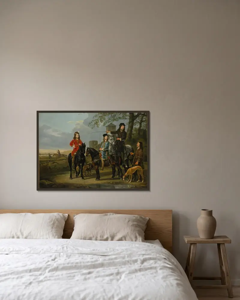 Equestrian Portrait of Cornelis (1639–1680) and Michiel Pompe van Meerdervoort (1638–1653) with Their Tutor and Coachman av Aelbert Cuyp inramad på en vägg