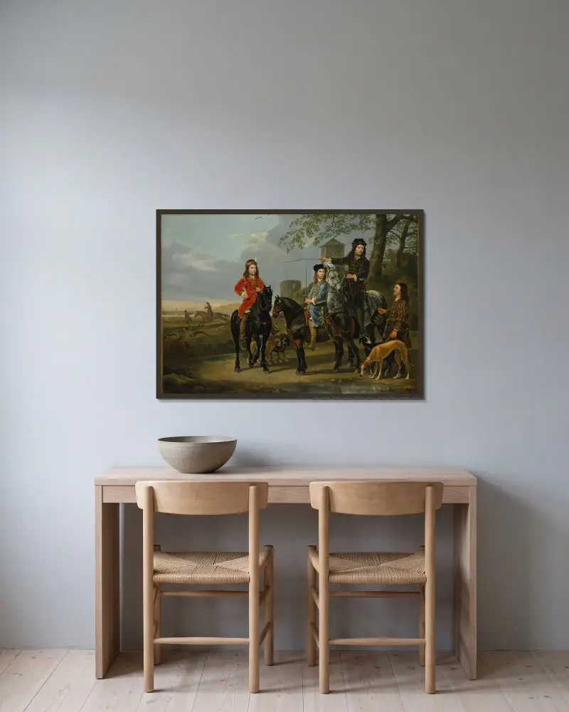 Equestrian Portrait of Cornelis (1639–1680) and Michiel Pompe van Meerdervoort (1638–1653) with Their Tutor and Coachman av Aelbert Cuyp inramad på en vägg