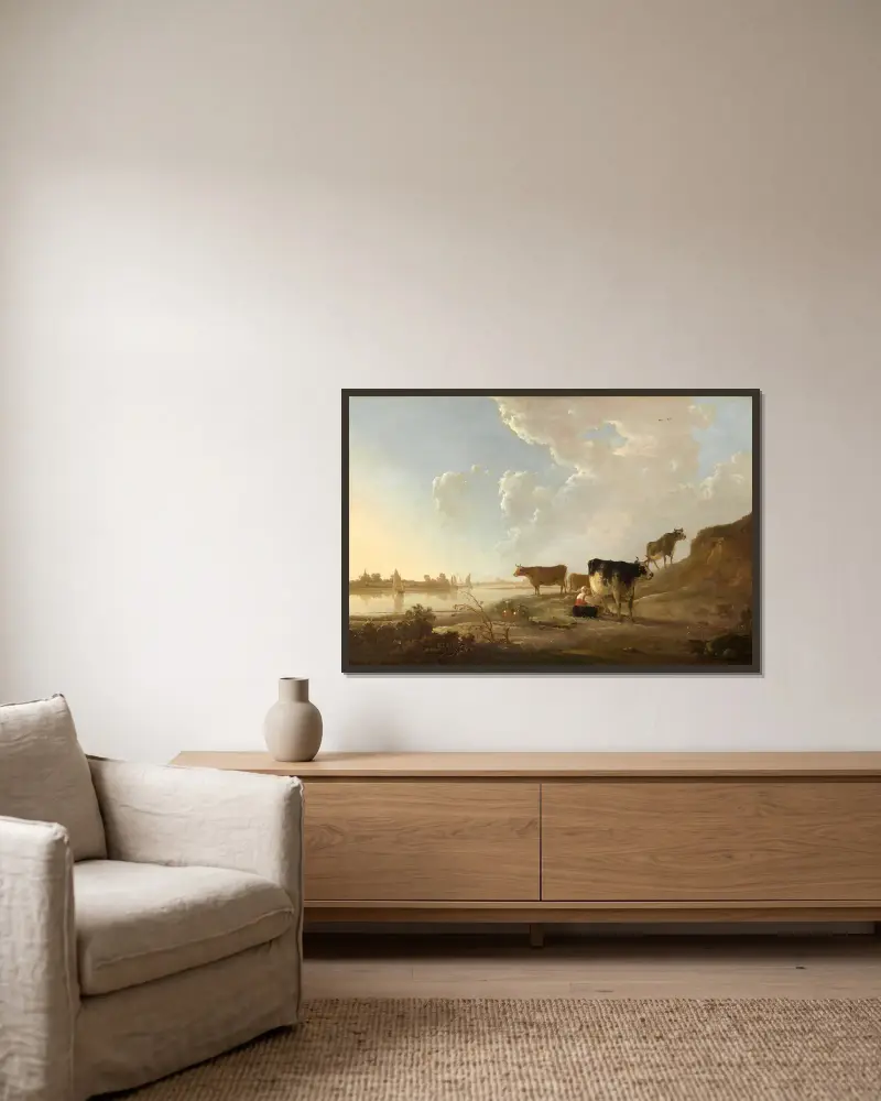 Flodlandskap med mjölkande kvinna av Aelbert Cuyp inramad på en vägg