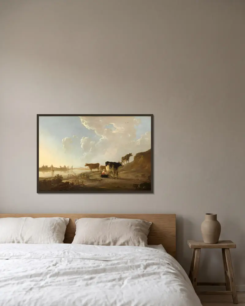 Flodlandskap med mjölkande kvinna av Aelbert Cuyp inramad på en vägg
