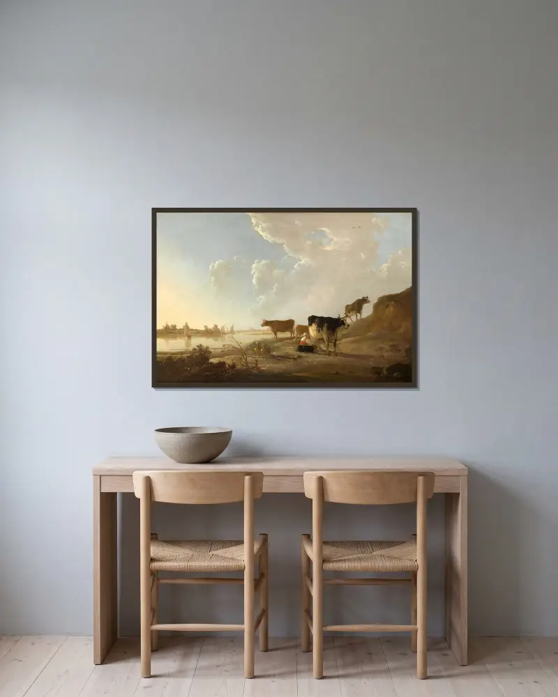 Flodlandskap med mjölkande kvinna av Aelbert Cuyp inramad på en vägg