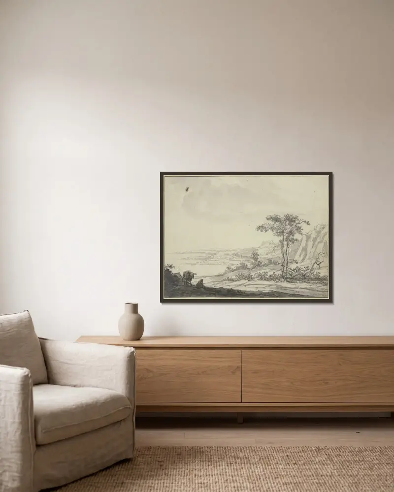 Gebirgslandschaft am Meer, links ein sitzender Mann bei einem Esel av Aelbert Cuyp inramad på en vägg