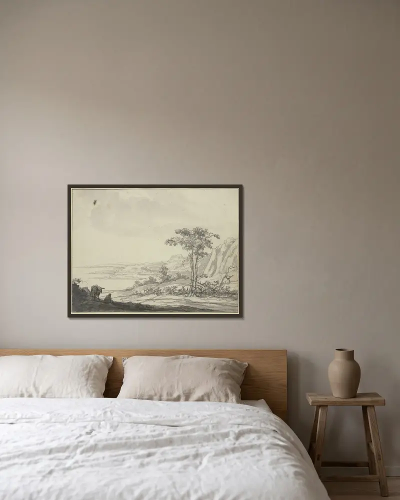 Gebirgslandschaft am Meer, links ein sitzender Mann bei einem Esel av Aelbert Cuyp inramad på en vägg