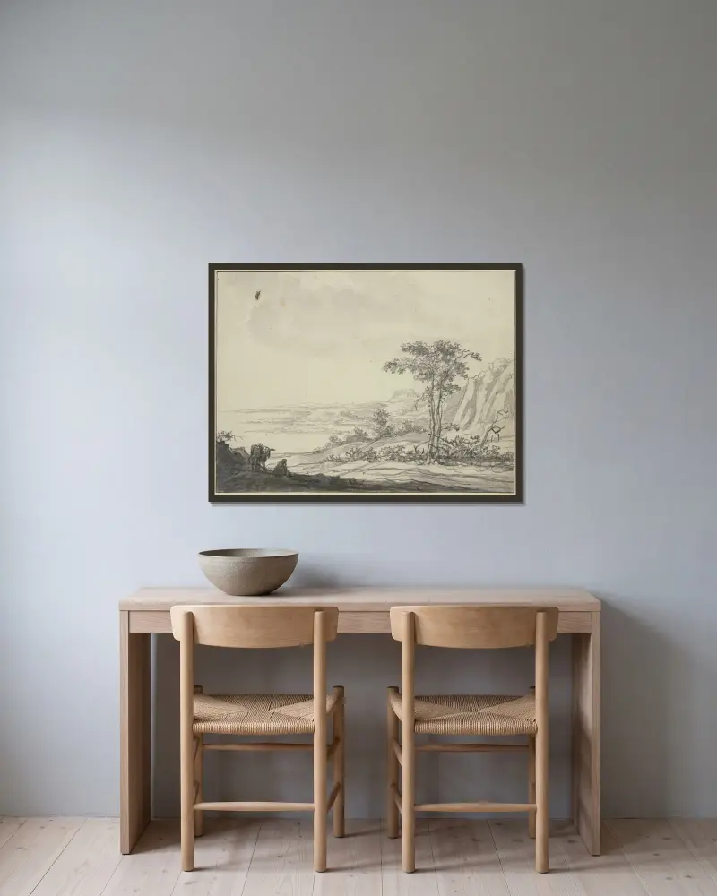 Gebirgslandschaft am Meer, links ein sitzender Mann bei einem Esel av Aelbert Cuyp inramad på en vägg