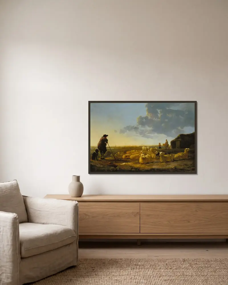 Fårflock på bete av Aelbert Cuyp inramad på en vägg