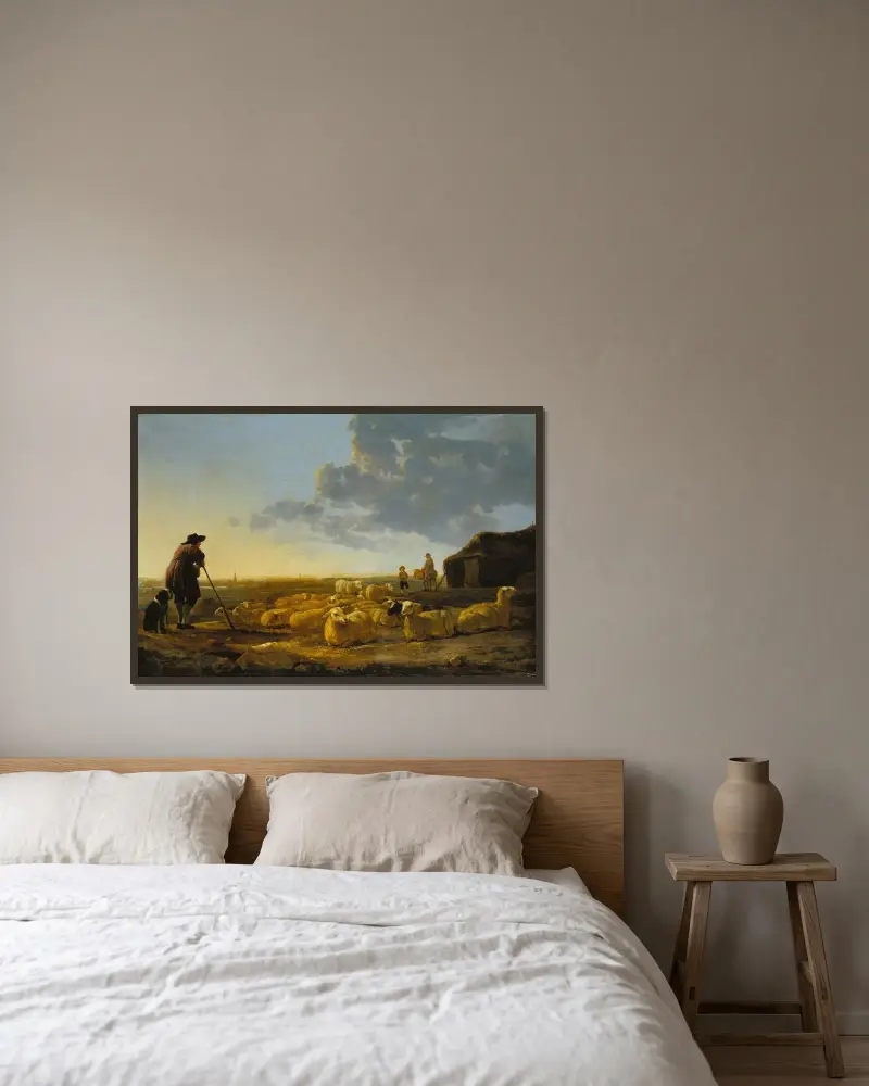Fårflock på bete av Aelbert Cuyp inramad på en vägg