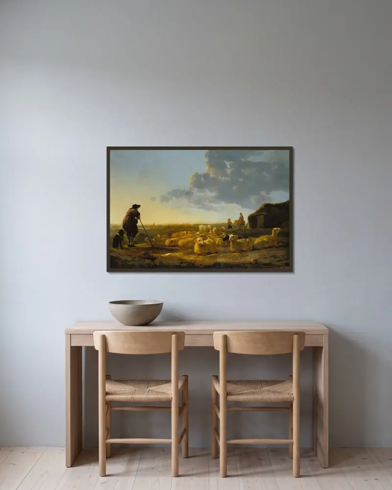 Fårflock på bete av Aelbert Cuyp inramad på en vägg