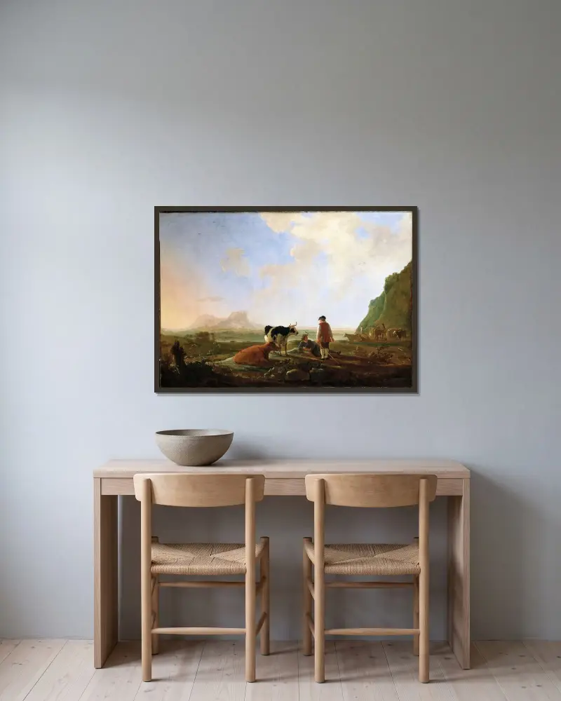 Herdsmen with Cows av Aelbert Cuyp inramad på en vägg