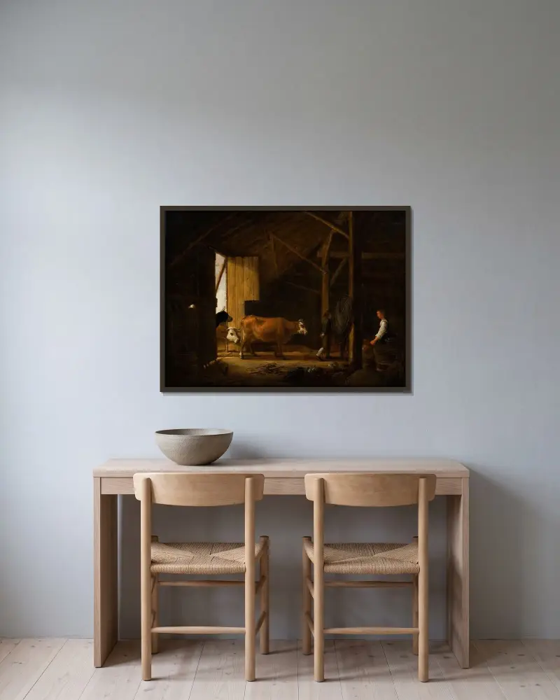 Interiör av ett kostall av Aelbert Cuyp inramad på en vägg
