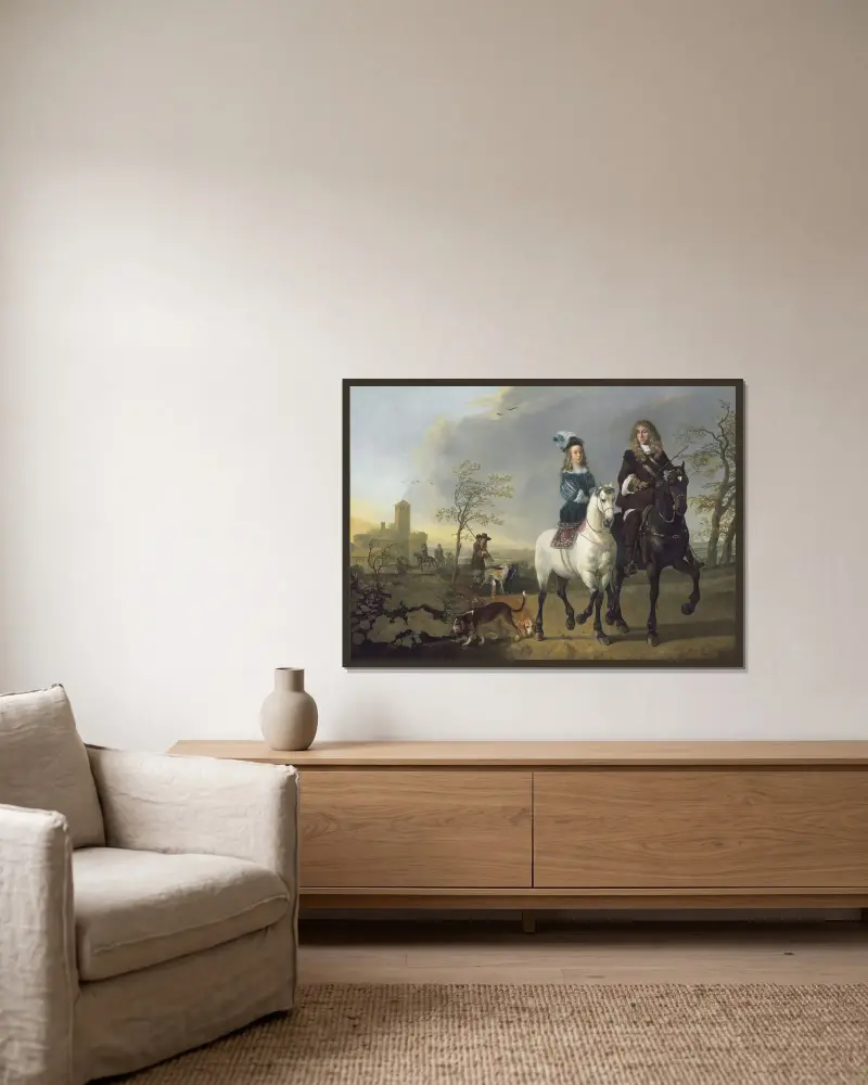 Damen och herren till häst av Aelbert Cuyp inramad på en vägg