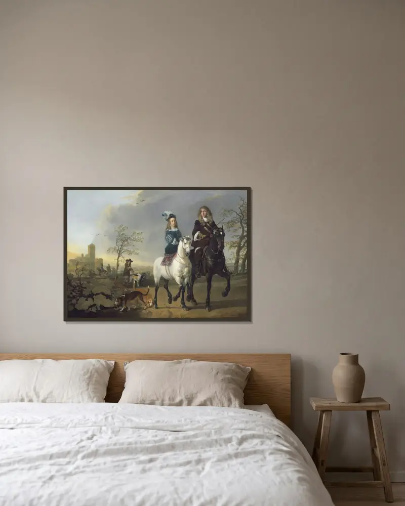 Damen och herren till häst av Aelbert Cuyp inramad på en vägg