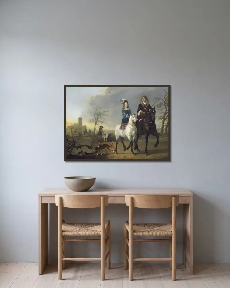 Damen och herren till häst av Aelbert Cuyp inramad på en vägg