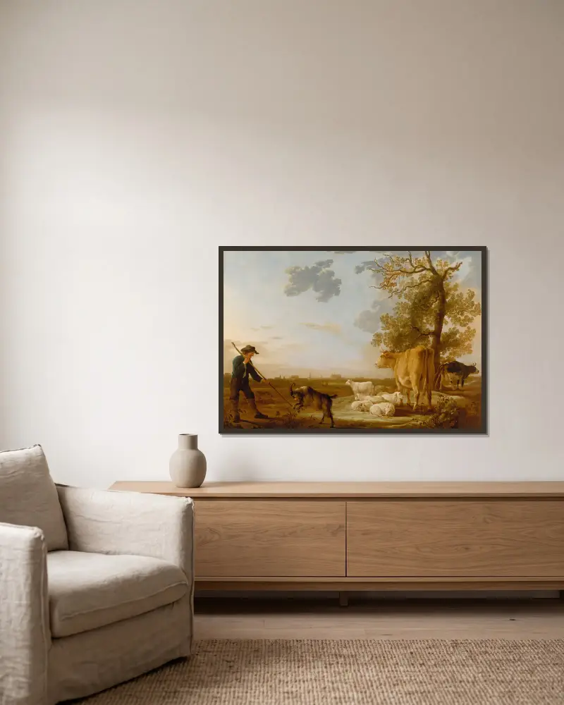 Landschaft mit Vieh von Aelbert Cuyp gerahmt an einer Wand