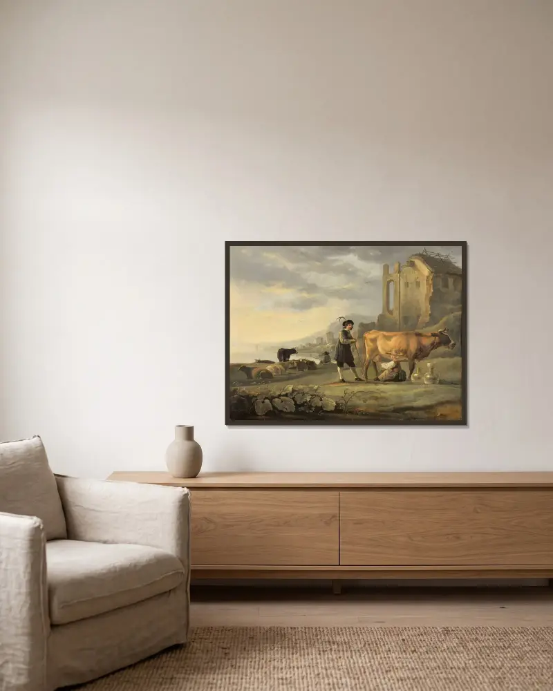 Landskap med mjölkande piga och ko av Aelbert Cuyp inramad på en vägg