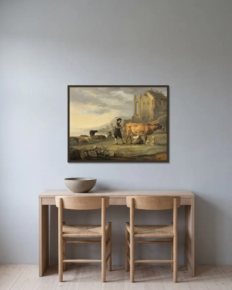Landskap med mjölkande piga och ko av Aelbert Cuyp inramad på en vägg