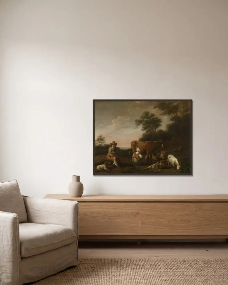 Landskap med herde och mjölkpiga av Aelbert Cuyp inramad på en vägg