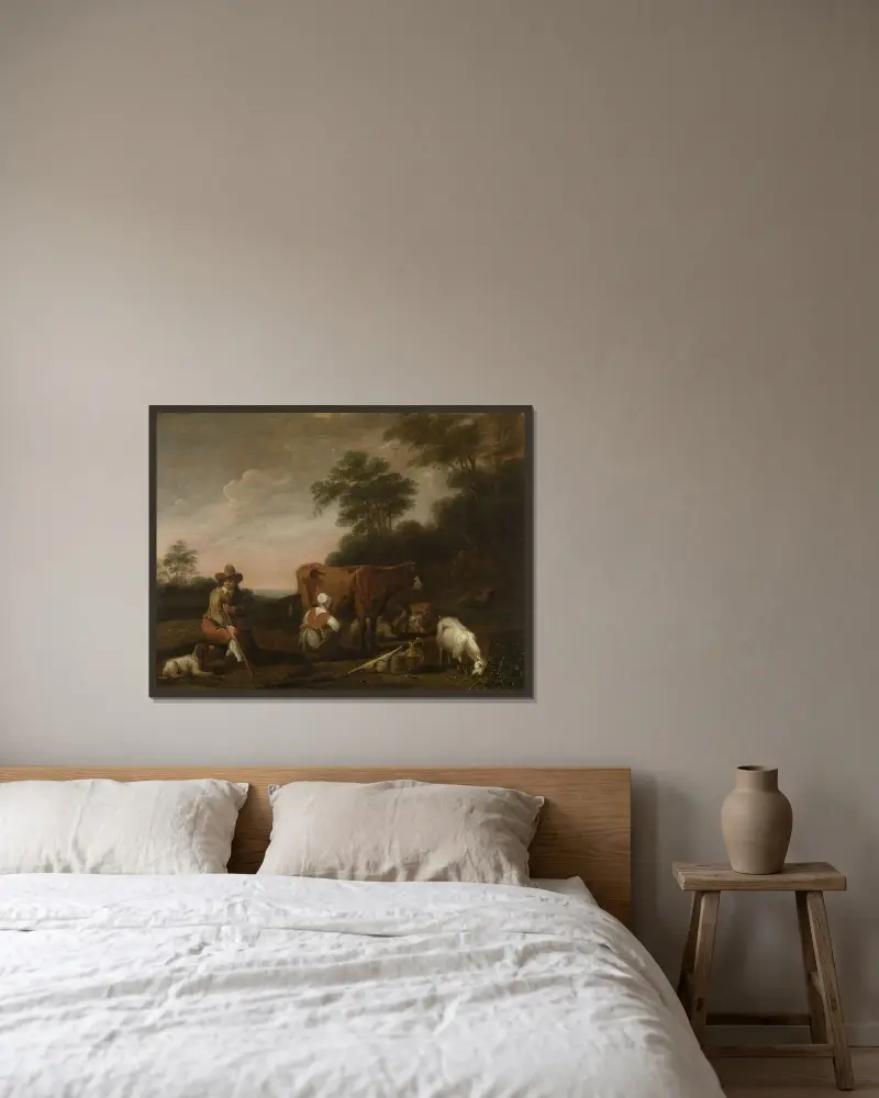 Landskap med herde och mjölkpiga av Aelbert Cuyp inramad på en vägg