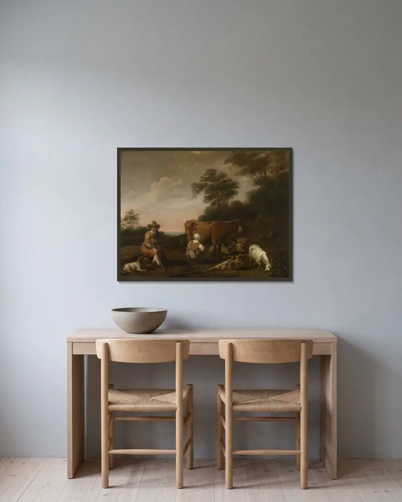 Landskap med herde och mjölkpiga av Aelbert Cuyp inramad på en vägg