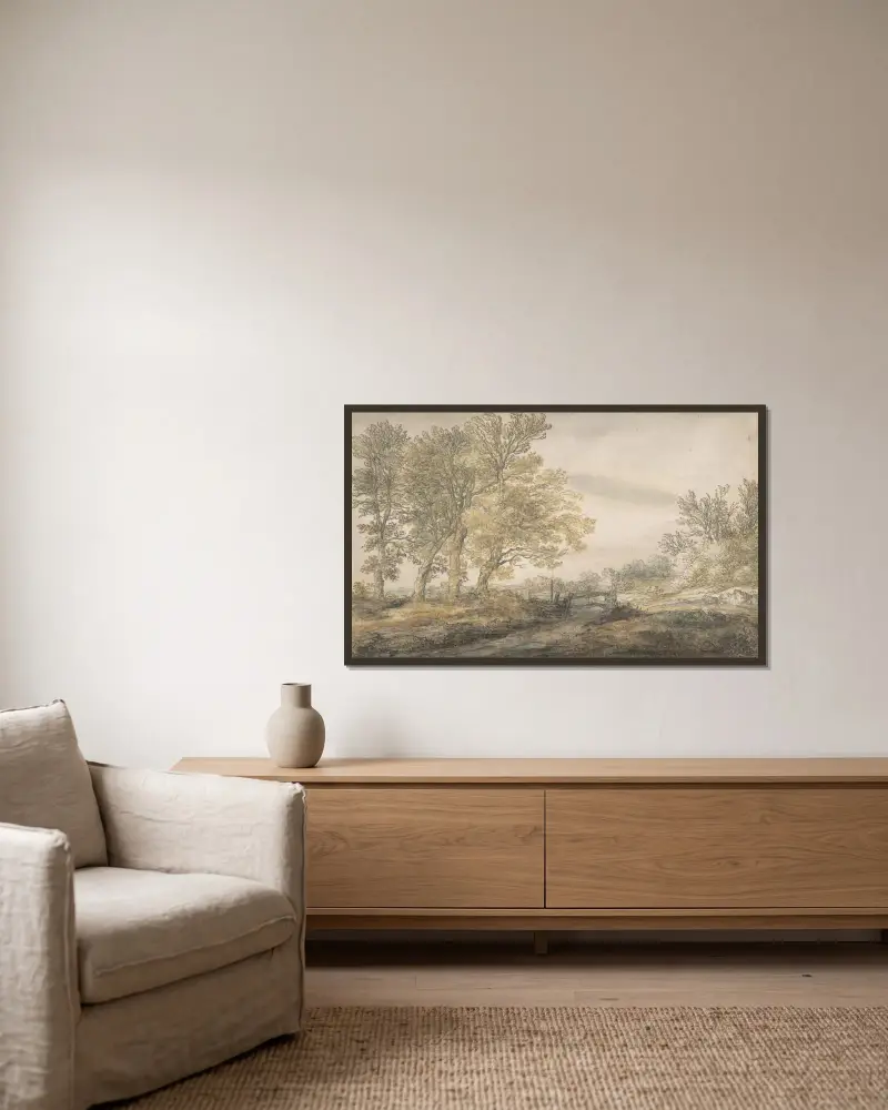 Landskap med träd av Aelbert Cuyp inramad på en vägg