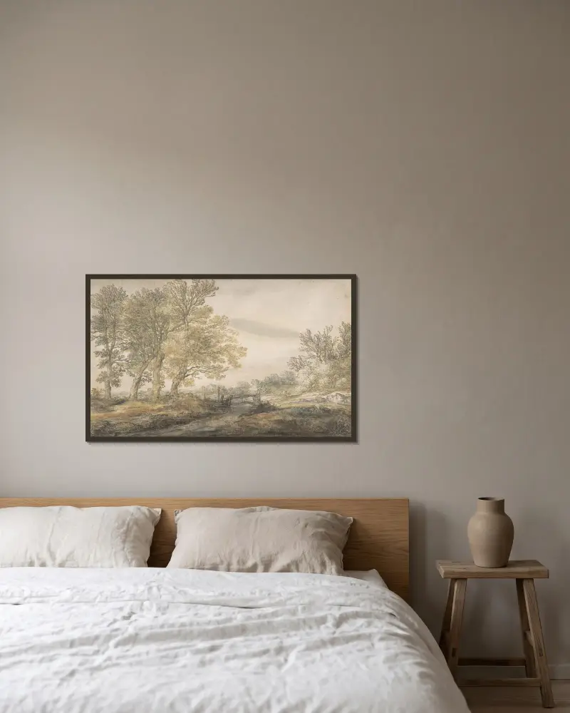 Landskap med träd av Aelbert Cuyp inramad på en vägg