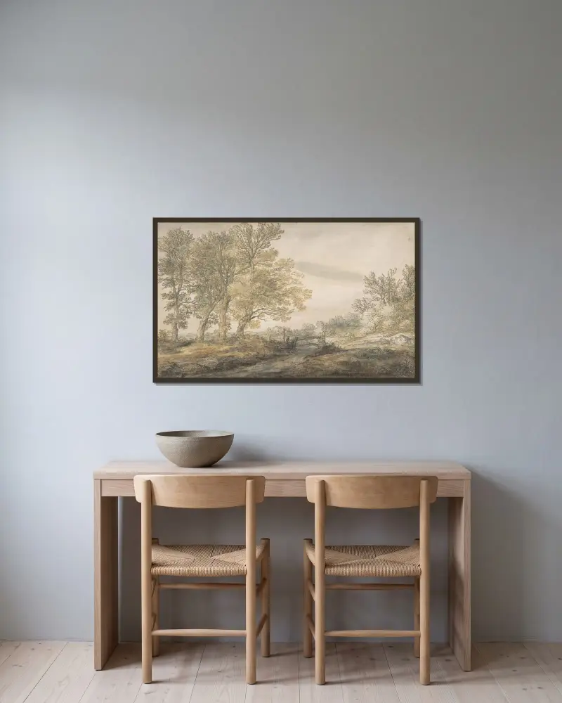 Landskap med träd av Aelbert Cuyp inramad på en vägg