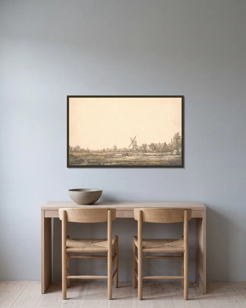 Landskap med en kvarn av Aelbert Cuyp inramad på en vägg