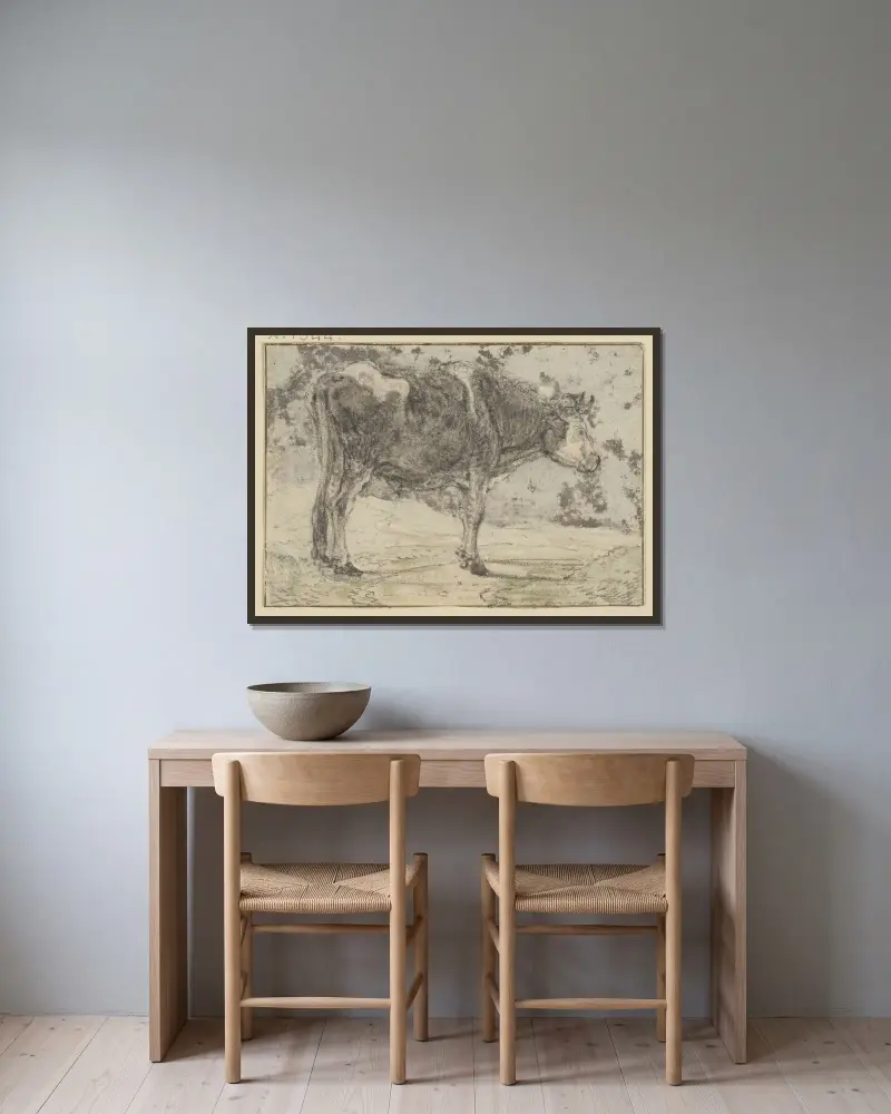 Nach rechts stehender Ochse, schwarz und weiß gefleckt von Aelbert Cuyp gerahmt an einer Wand