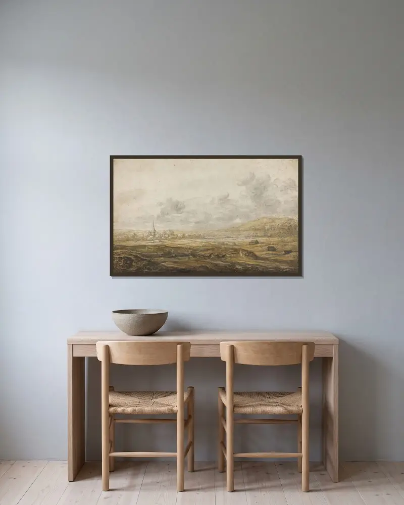 Panoramautsikt längs Rhen av Aelbert Cuyp inramad på en vägg
