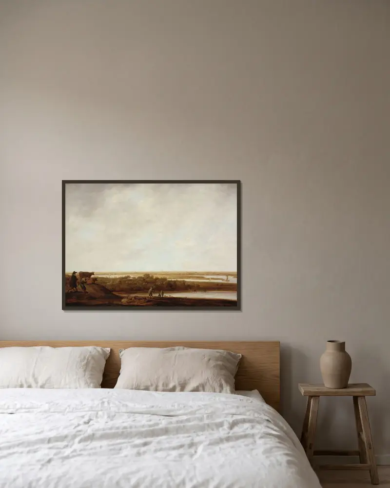 Panoramalandskap med herdar av Aelbert Cuyp inramad på en vägg