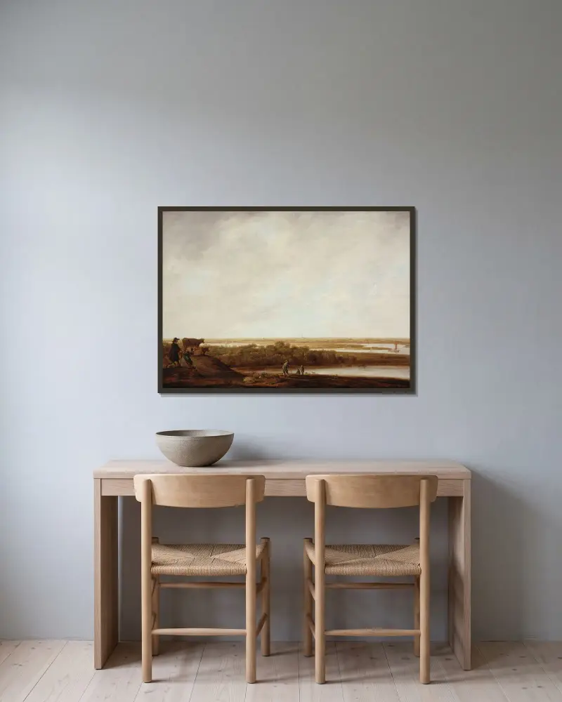 Panoramalandskap med herdar av Aelbert Cuyp inramad på en vägg