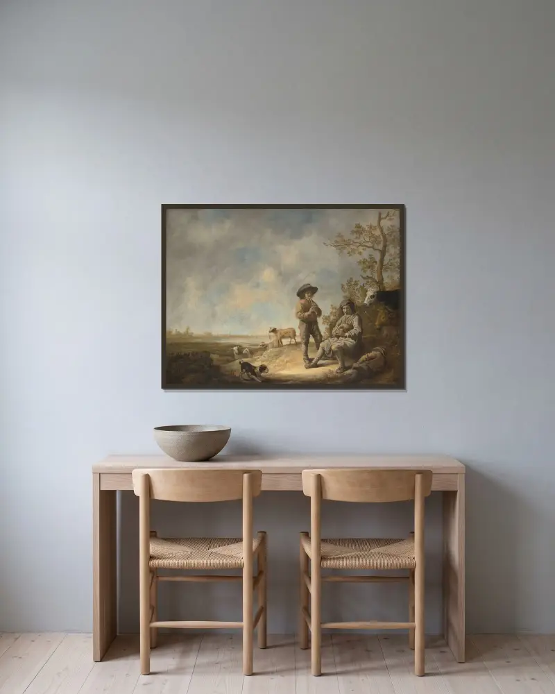 Herdespelande herdar av Aelbert Cuyp inramad på en vägg