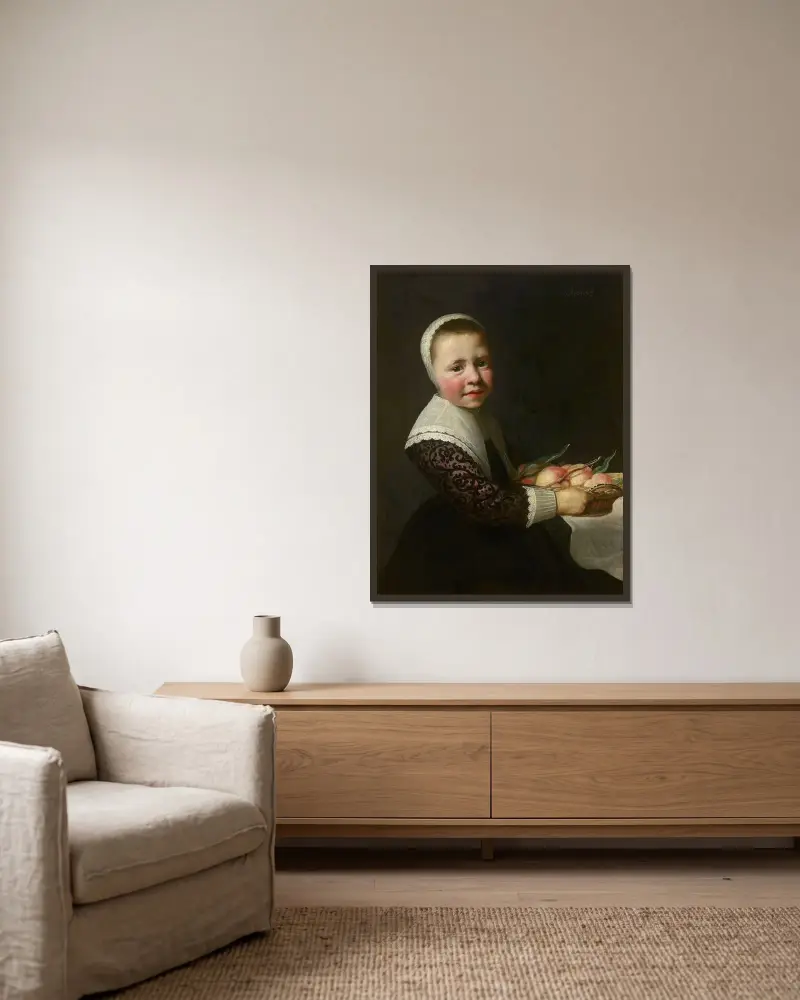 Porträtt av en flicka med persikor av Aelbert Cuyp inramad på en vägg
