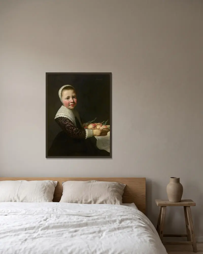 Porträtt av en flicka med persikor av Aelbert Cuyp inramad på en vägg