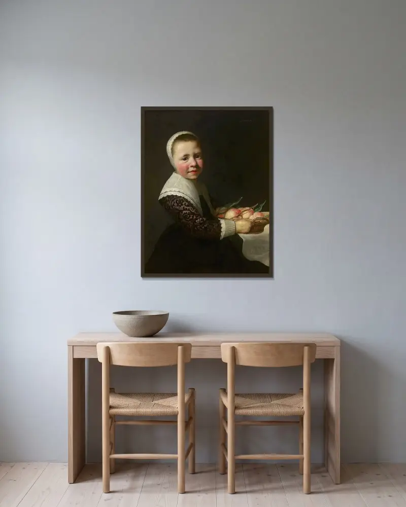 Porträtt av en flicka med persikor av Aelbert Cuyp inramad på en vägg