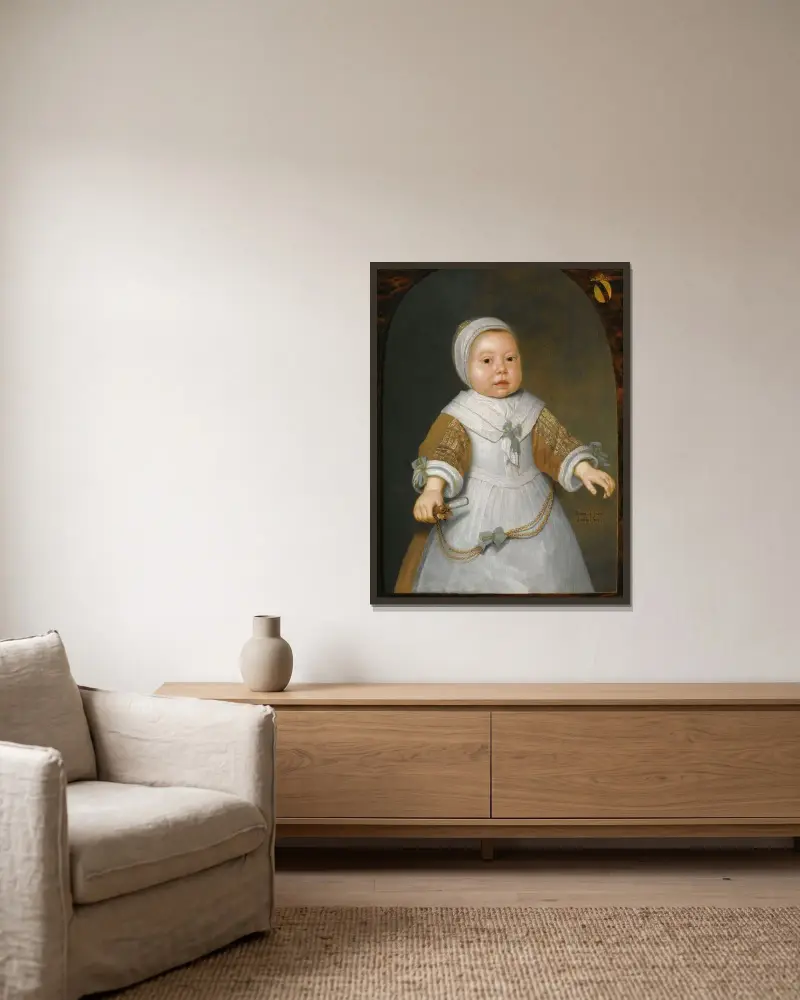 Porträtt av en ettårig flicka ur familjen Van der Burch av Aelbert Cuyp inramad på en vägg