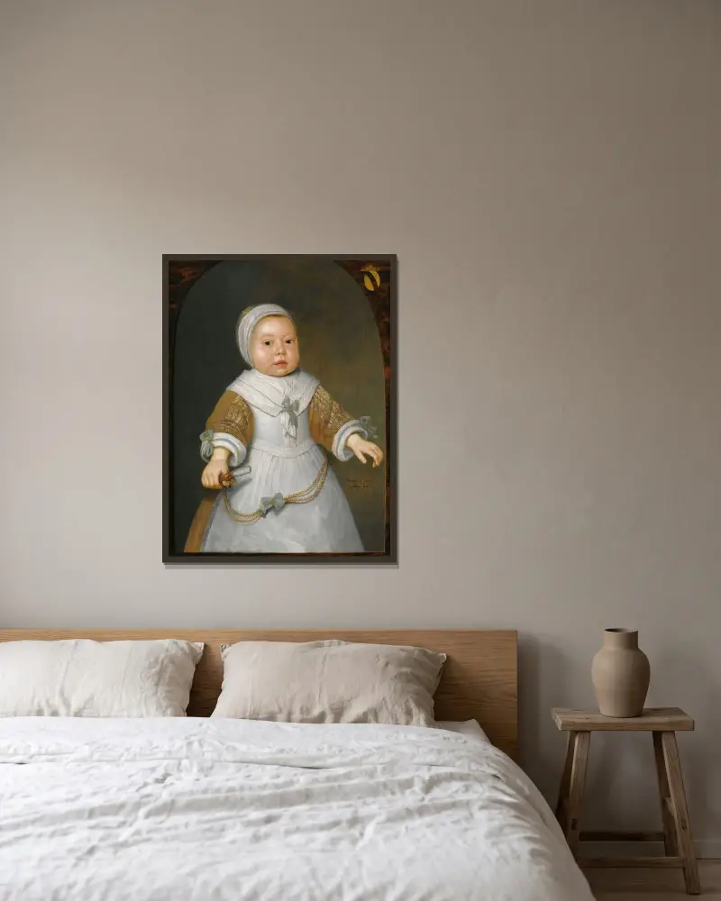 Porträtt av en ettårig flicka ur familjen Van der Burch av Aelbert Cuyp inramad på en vägg