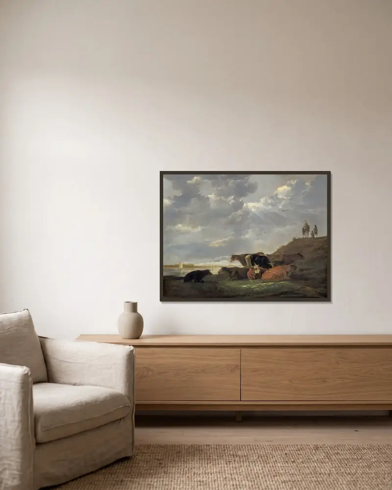 Flodlandskap med kor av Aelbert Cuyp inramad på en vägg