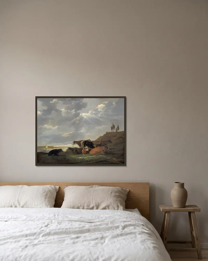 Flodlandskap med kor av Aelbert Cuyp inramad på en vägg