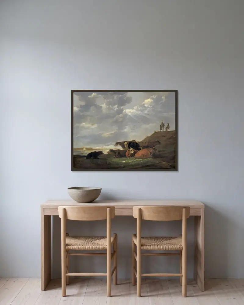 Flodlandskap med kor av Aelbert Cuyp inramad på en vägg