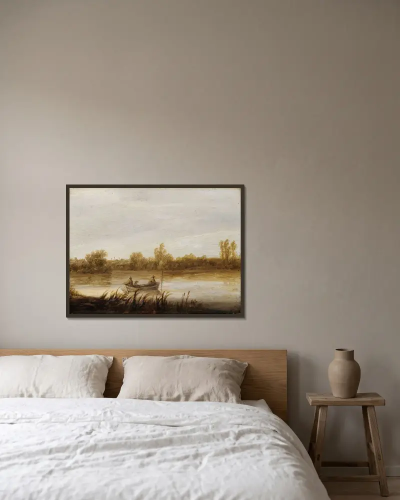 Flodlandskap med fiskare i båt av Aelbert Cuyp inramad på en vägg