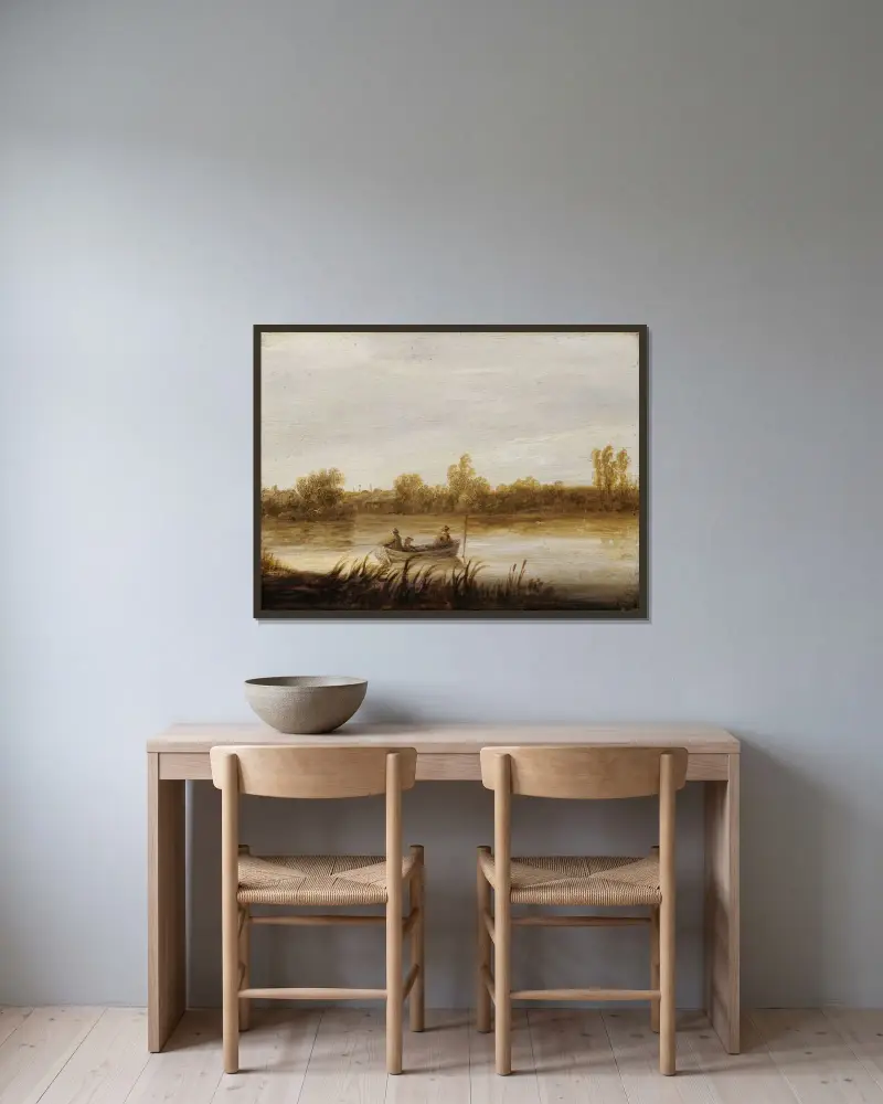 Flodlandskap med fiskare i båt av Aelbert Cuyp inramad på en vägg