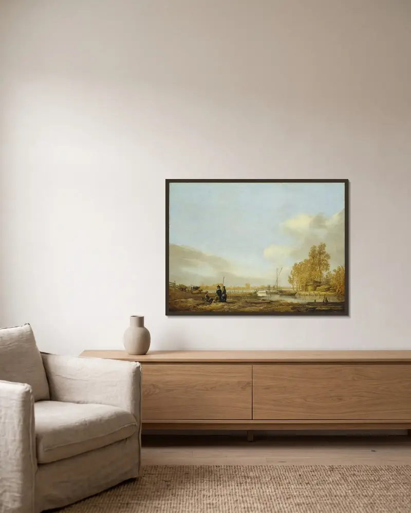 Flusslandschaft mit Steg von Aelbert Cuyp gerahmt an einer Wand
