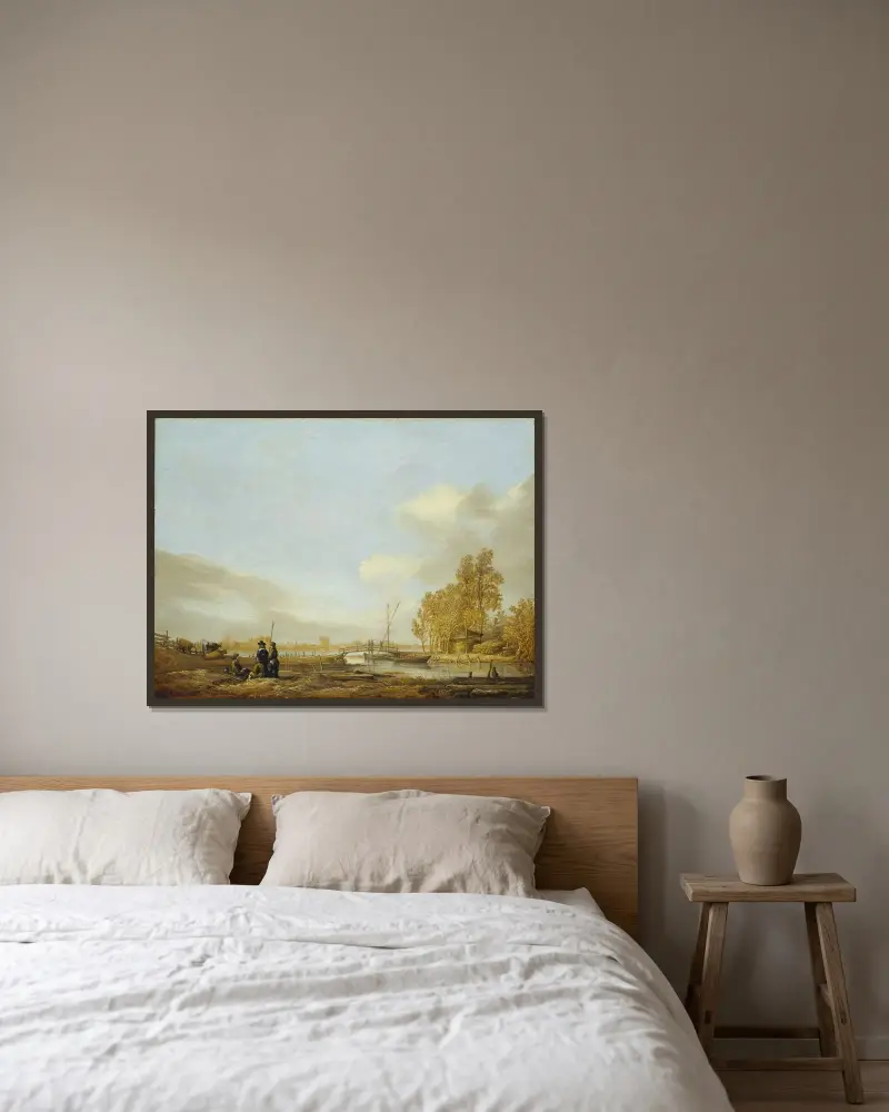 Flusslandschaft mit Steg von Aelbert Cuyp gerahmt an einer Wand