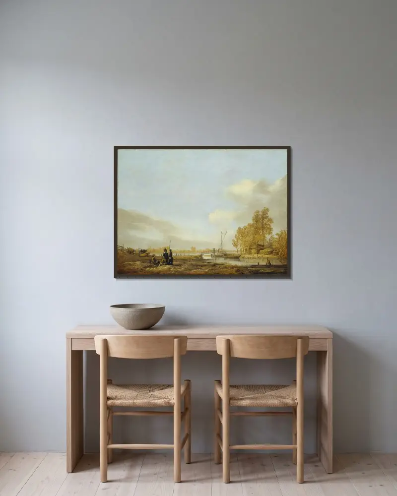 Flusslandschaft mit Steg von Aelbert Cuyp gerahmt an einer Wand